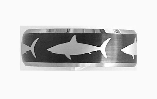 8MM Black and Silver White Shark Tungsten Ring