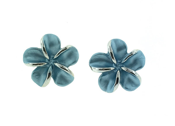 Platinum plated plumeria earrings with posts.