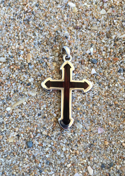 Large dark Cocobolo wood and sterling silver cross pendant