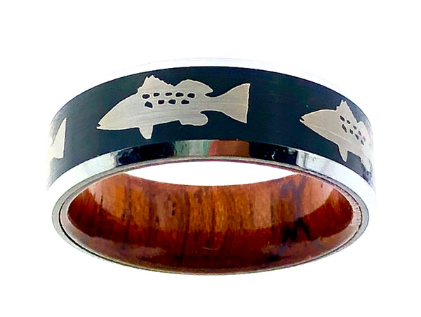 8MM Black and Silver Tungsten Calico Bass Ring With Wood